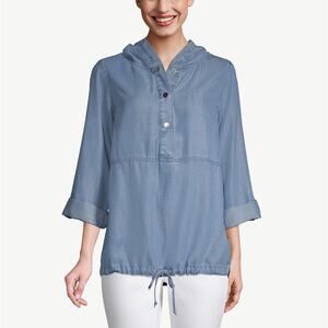 Chicos Zenergy Womens Chambray Pullover Jacket Size Small Blue Tencel Drawstring
